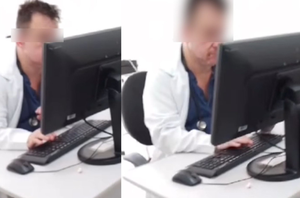 Vídeo feito pela neta da paciente mostram o médico nervoso, mexendo os pés de forma frenética, tocando o rosto e o nariz repetidamente, enquanto digitava com força no teclado do computador.(Reprodução/Twitter)