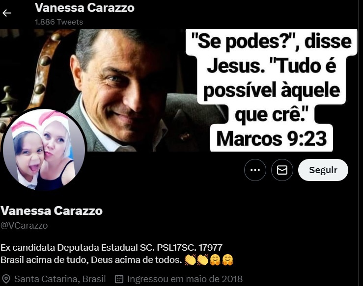 Imagem atual do perfil de Vanessa Carazzo, com a filha, no Twitter