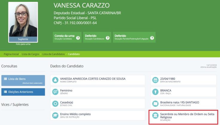 Inscrição eleitoral da sacerdotisa Vanessa Carazzo