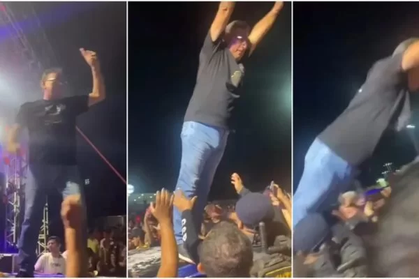 Vídeo: Prefeito se joga na plateia e cai no chão durante show no Ceará