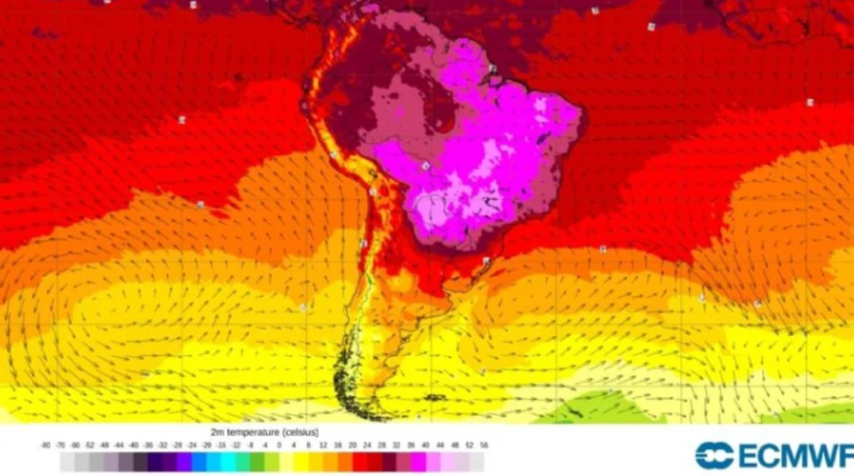 Mapa com leitura de médias térmicas mostra área de calor intenso sobre o Brasil