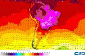 Mapa com leitura de médias térmicas mostra área de calor intenso sobre o Brasil(MetSul/Reprodução)