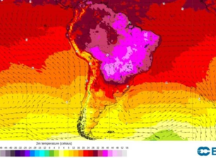 Mapa com leitura de médias térmicas mostra área de calor intenso sobre o Brasil