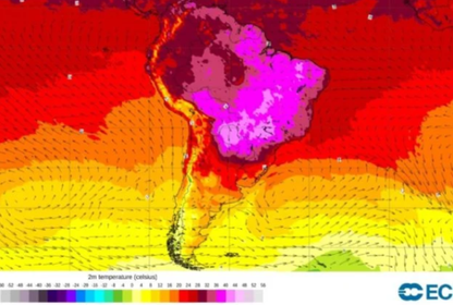 Mapa com leitura de médias térmicas mostra área de calor intenso sobre o Brasil