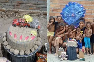 Menino de 2 anos ganha festa com bolo feito de areia no Piauí(Reprodução)