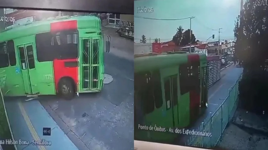 Ônibus perde freio e invade calçada de faculdade em Teresina