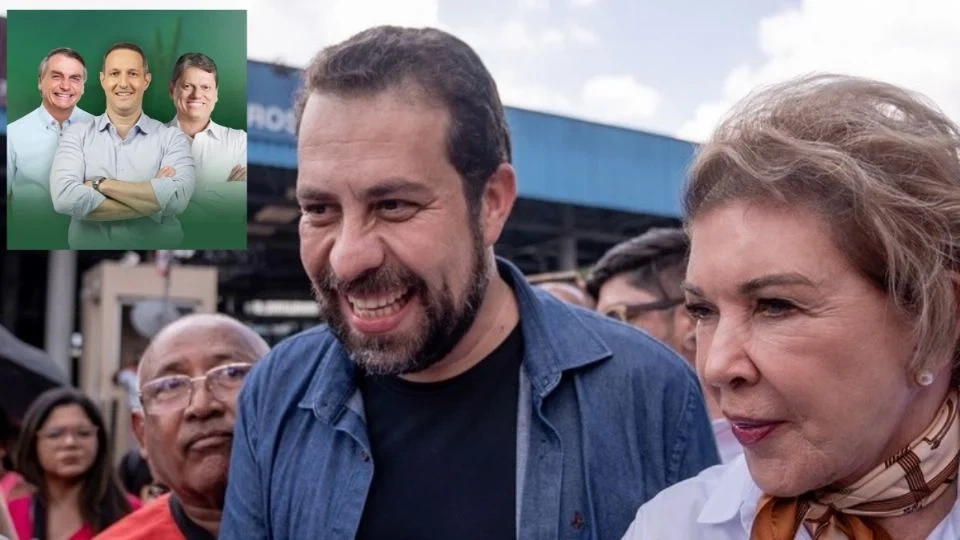 Boulos e Marta Suplicy na pré-campanha. No detalhe, Derrite com Bolsonaro e Tarcísio de Freitas.