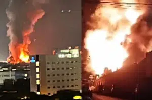 Incêndio de grandes proporções atinge galpão em SP(Montagem Pensar Piauí)