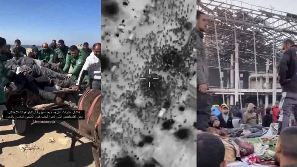 Matança. Feridos em carroças; Israel divulgou imagens de drone do episódio; mortos ficaram sobre os caminhões.