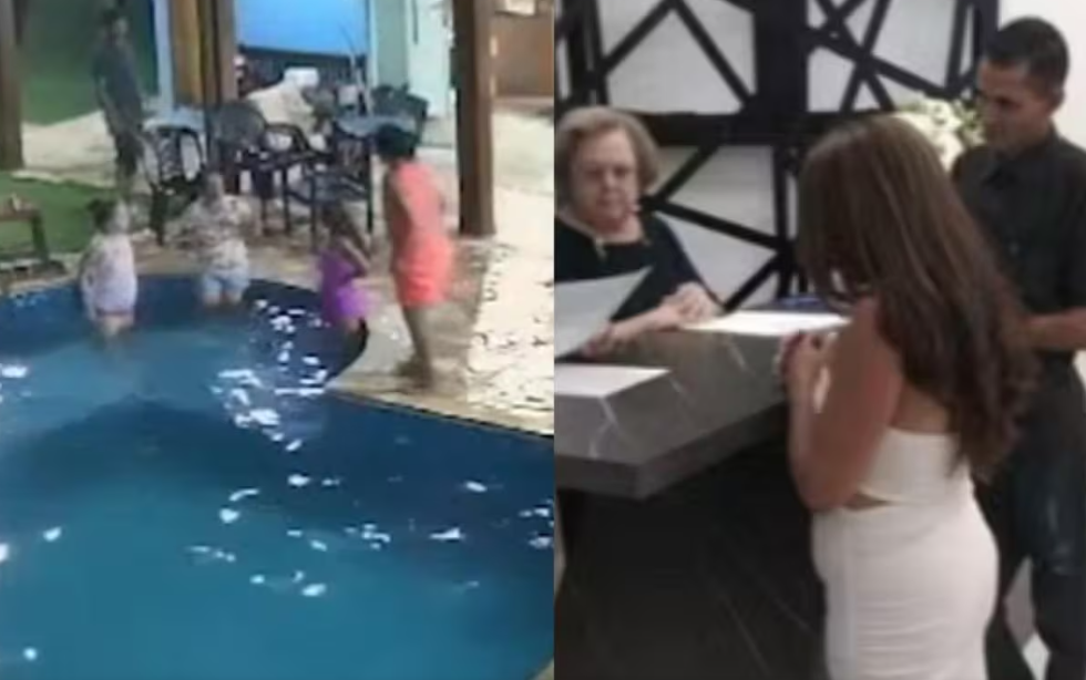 Vídeo mostra momento em que noiva cai na piscina durante casamento