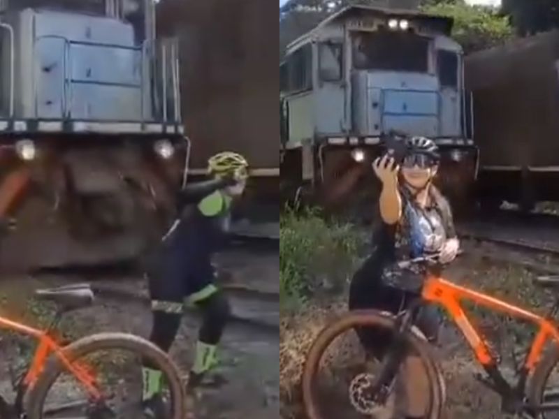 VÍDEO: ciclista é atingida por trem ao posar para selfie