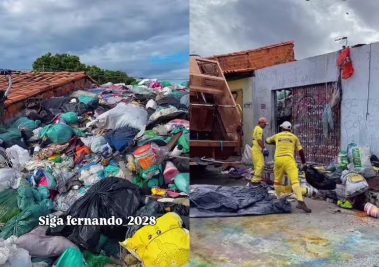 Prefeitura de Teresina inicia limpeza de imóvel com lixo acumulado no telhado
