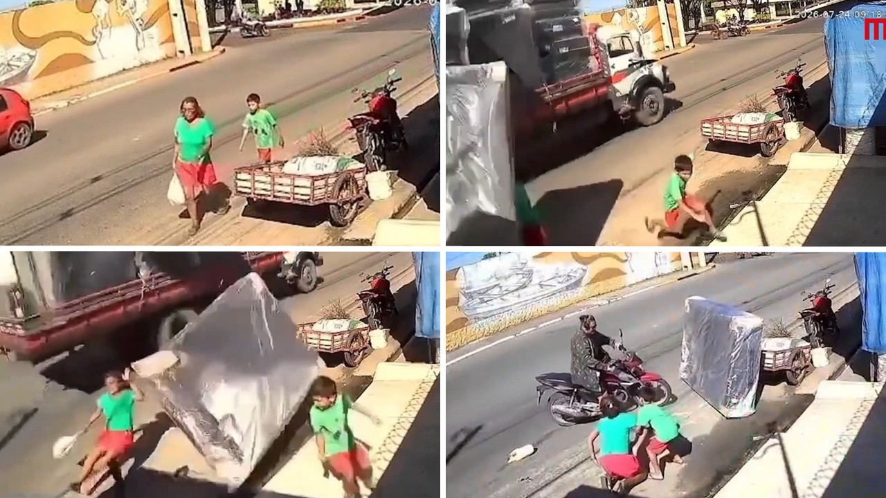 Mulher é atingida por cama box que cai de caminhão em Parintins; câmera mostra o acidente