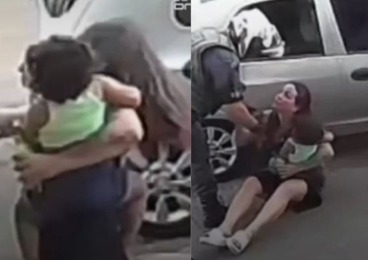 Mulher dá tapa em PM, leva soco no rosto e cai no chão com bebê no colo