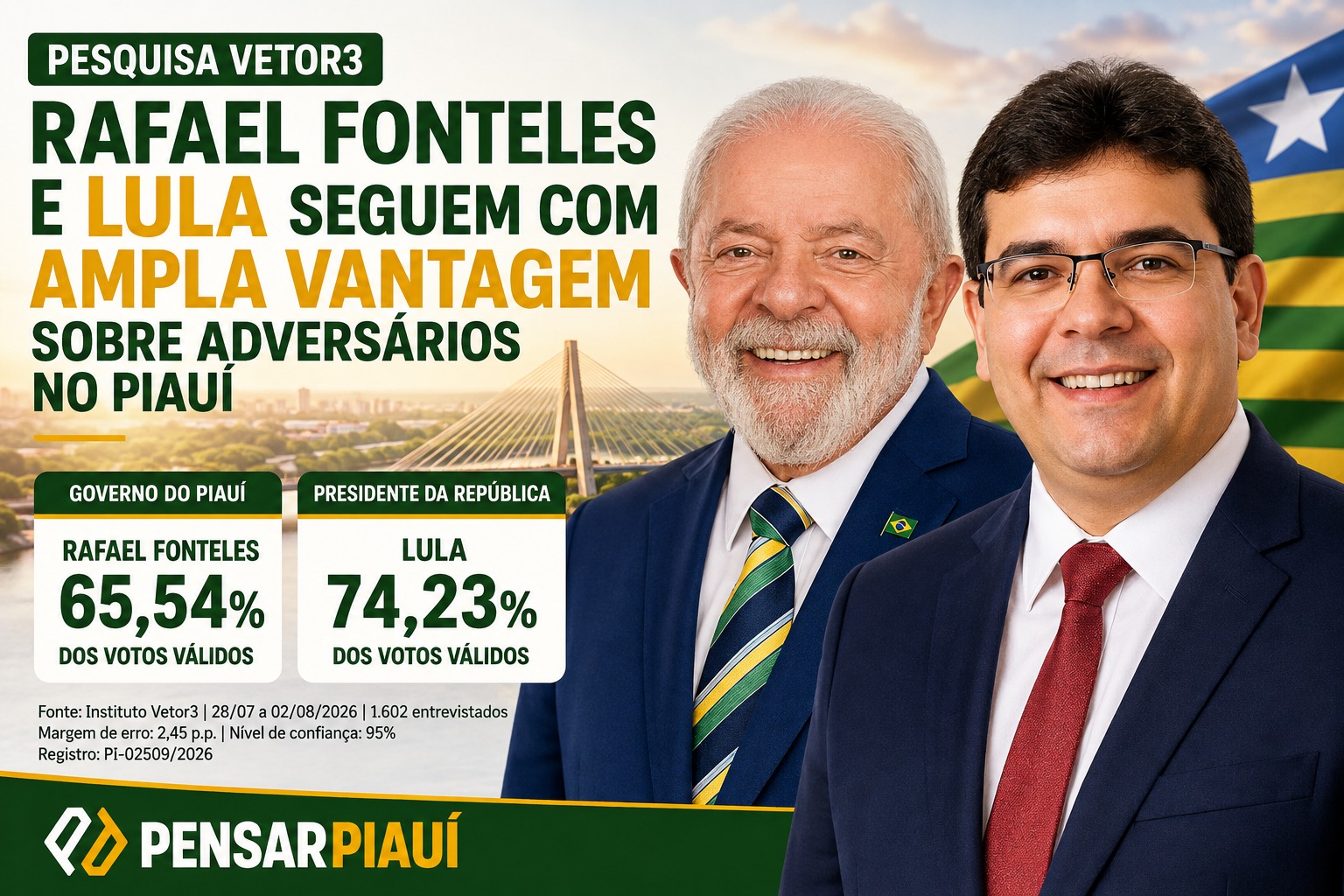 Rafael Fonteles supera 65% dos votos válidos e Lula passa de 74%, aponta Vetor3