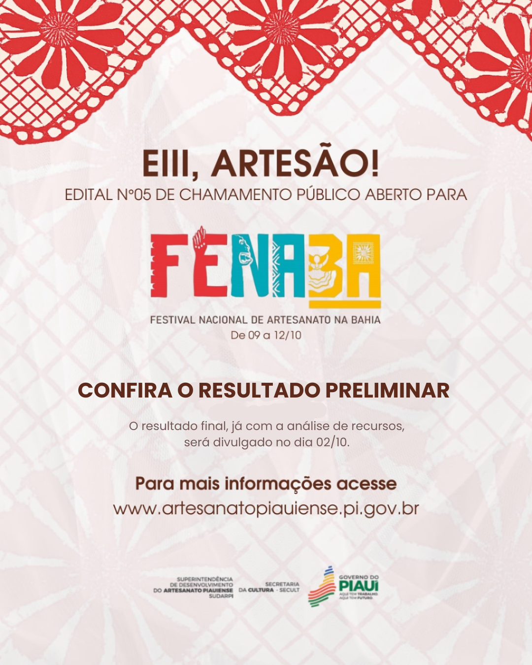 Sudarpi divulga lista provisória de artesãos selecionados para representar o Piauí na Fenaba 2025