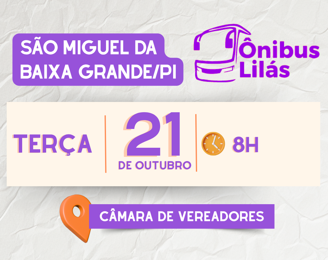 Ônibus Lilás leva atendimentos e ações de cidadania a São Miguel da Baixa Grande na próxima terça (21)