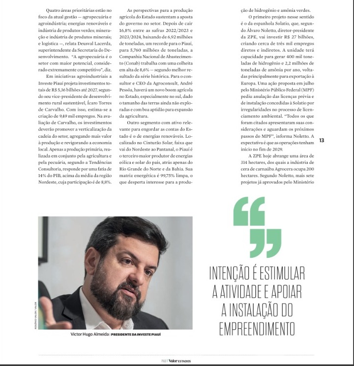 Valor Econômico destaca papel do Piauí como protagonismo em atração de investimentos