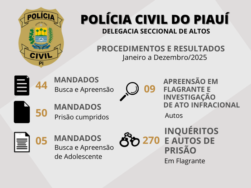 Polícia Civil contabiliza números da Delegacia Seccional de Altos em 2025 com queda de 34% no número de homicídios