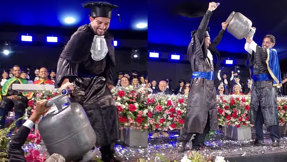 Jovem que bancou faculdade vendendo gás leva botijão à formatura