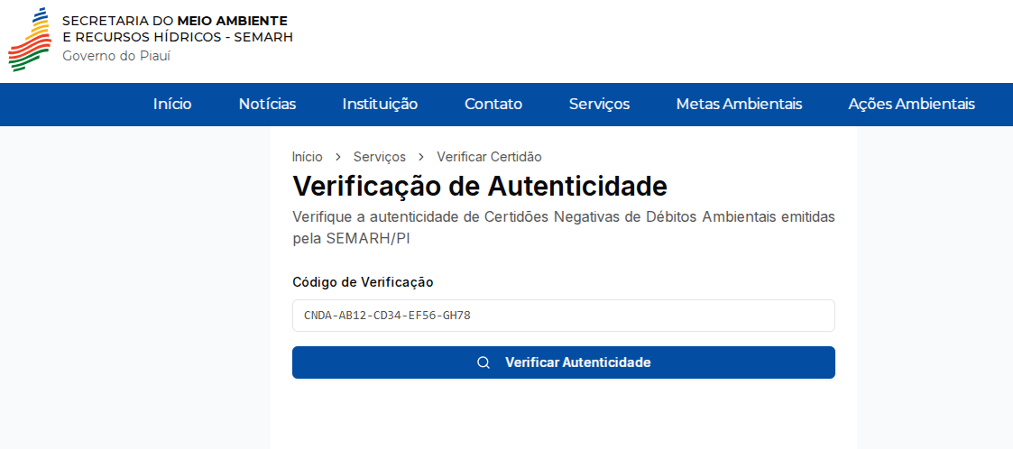 Nova ferramenta permite emissão online e imediata da Certidão Negativa de Débitos Ambientais no Piauí; veja como acessar