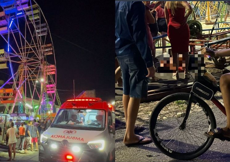 Mulher pula de roda-gigante em movimento em Cocal no Piauí