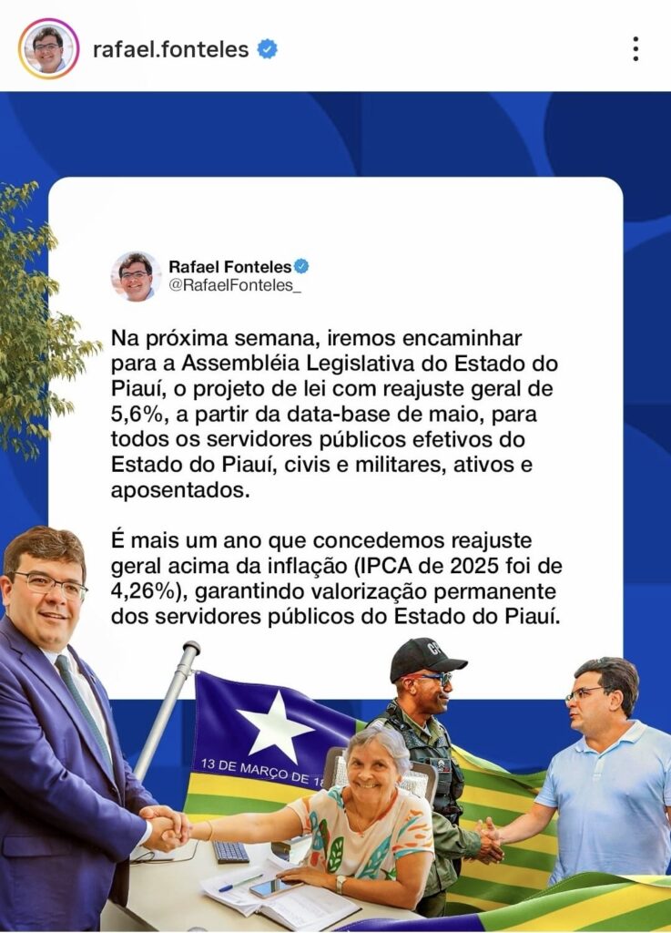 Rafael Fonteles anuncia reajuste de 5,6% para servidores estaduais; projeto será encaminhado à Alepi