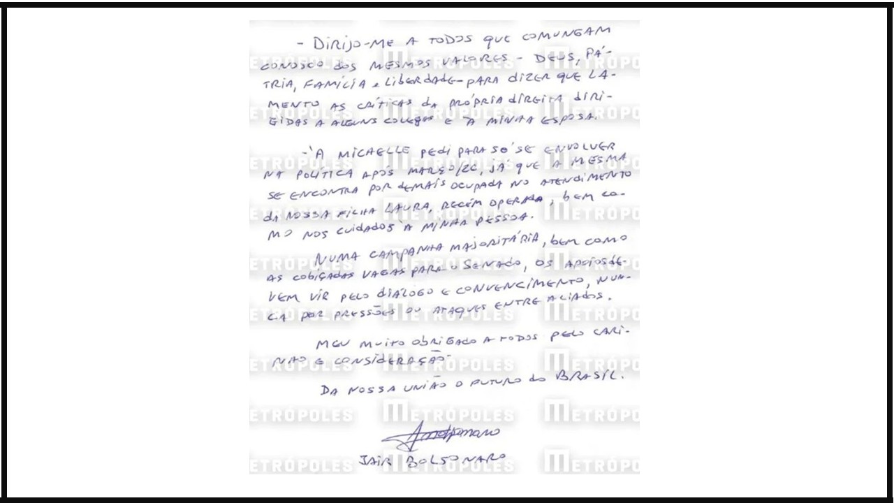 Em carta, Bolsonaro pede união do campo conservador e sai em defesa da esposa