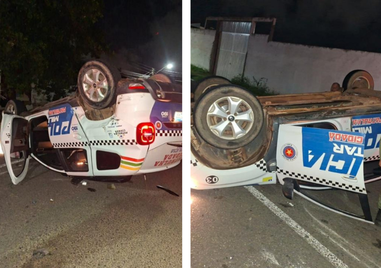 Viatura da PM capota em colisão com carro em Parnaíba