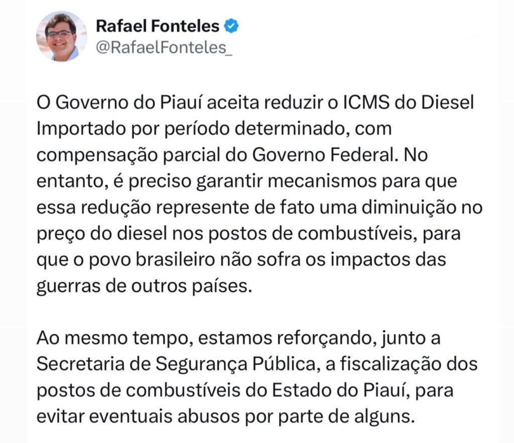 Governo do Piauí concorda com a redução do ICMS sobre o diesel importado para conter alta dos combustíveis
