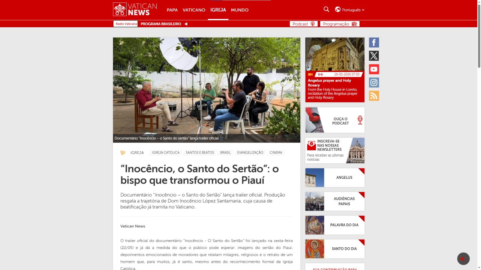 Documentário piauiense sobre Dom Inocêncio ganha destaque no portal oficial do Vaticano