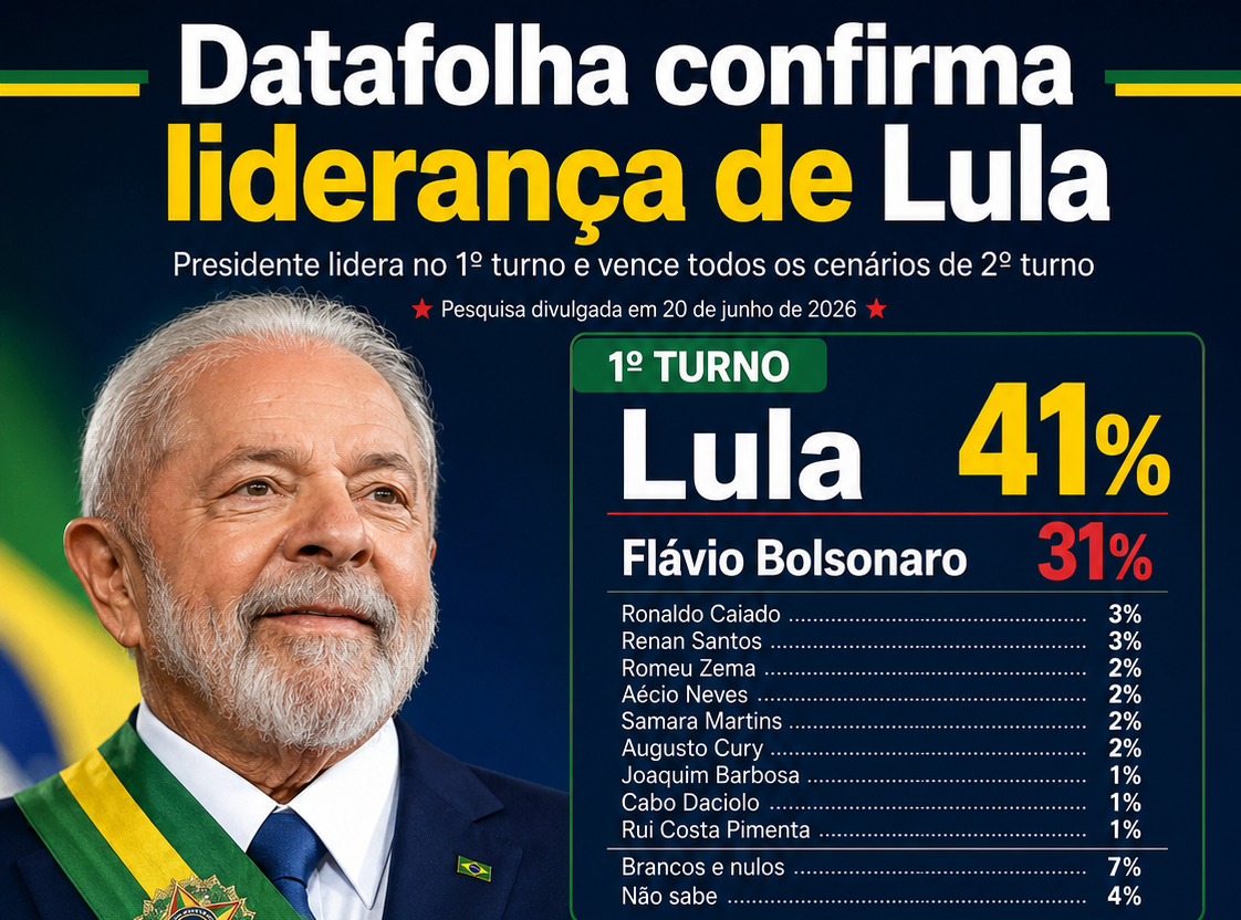 Lula abre 10 pontos para Flávio no 1° turno e mantém distância no 2°, aponta Datafolha
